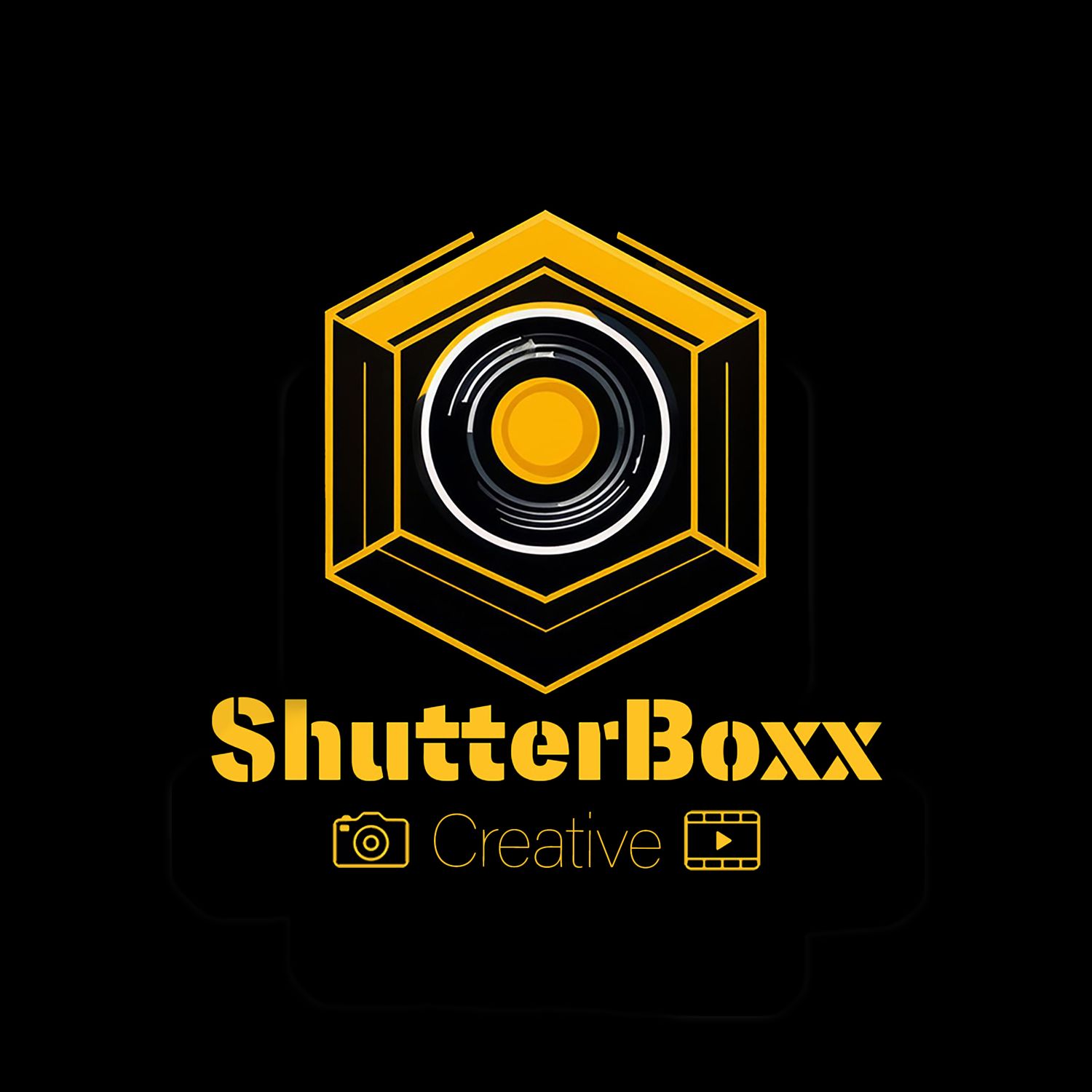 ShutterBoxx Creative photography and videography logo with gold hexagon camera lens design on black background.