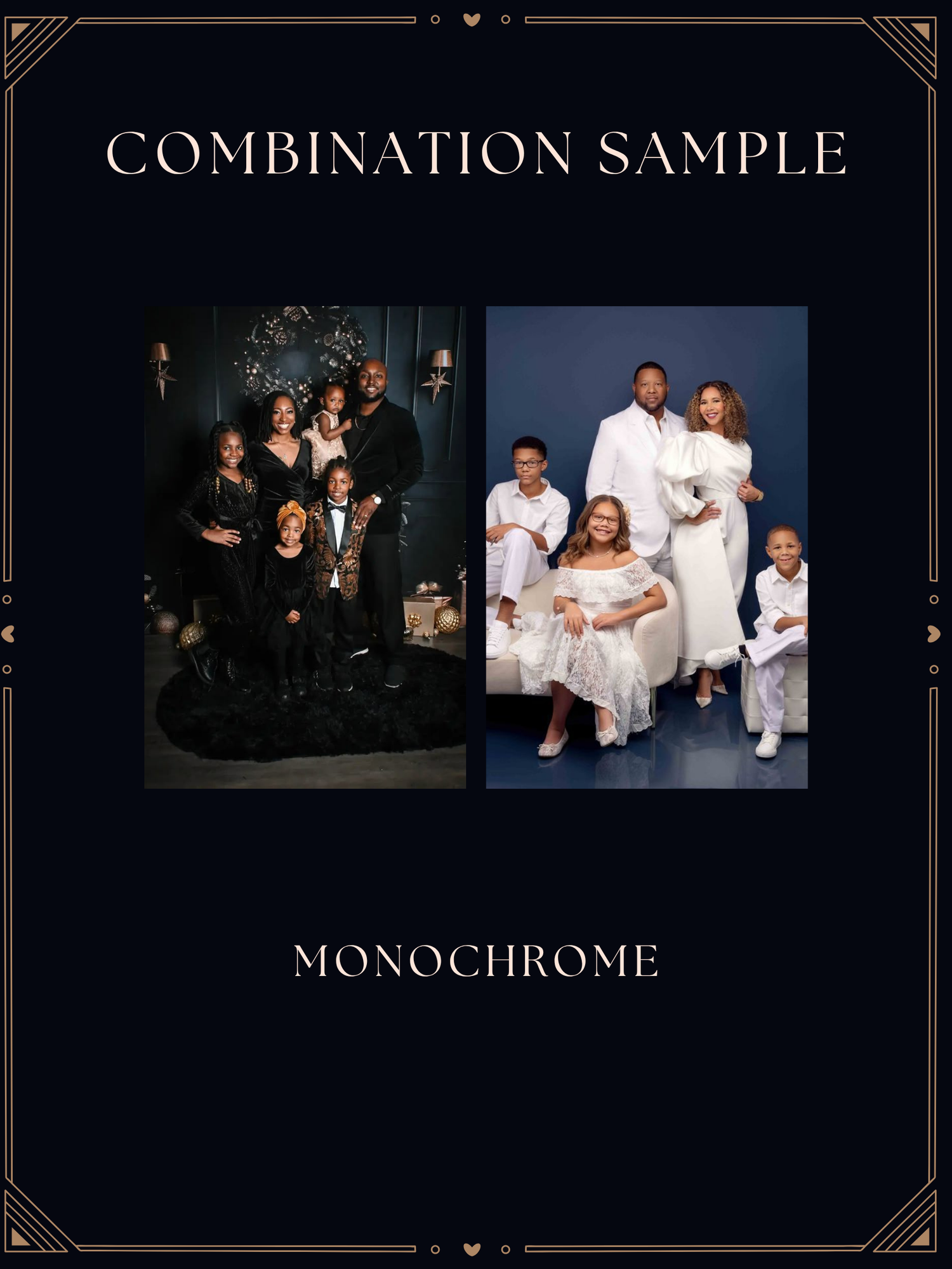 Two family portrait samples in monochrome themes, one in black and one in white outfits, displayed as a combination photography package.