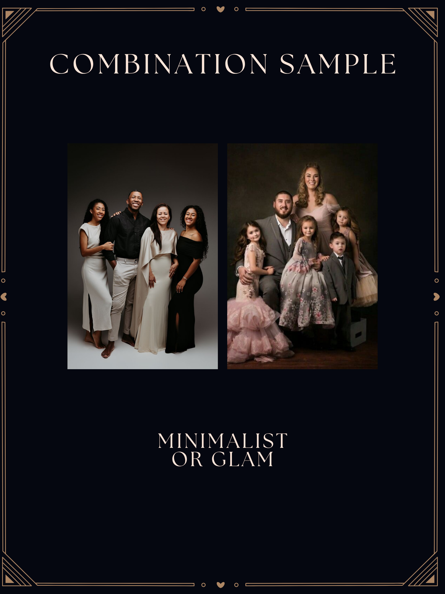 A combination sample showcasing minimalist and glam family portrait styles side by side on a dark elegant background.