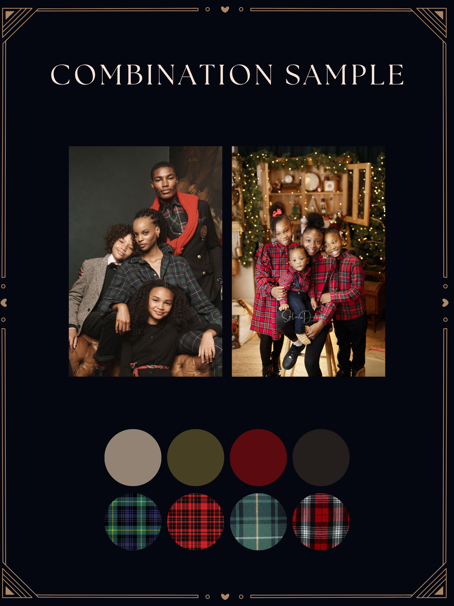 Holiday family portrait combination sample showcasing coordinated plaid outfits in red, green, and tartan patterns with color swatches.