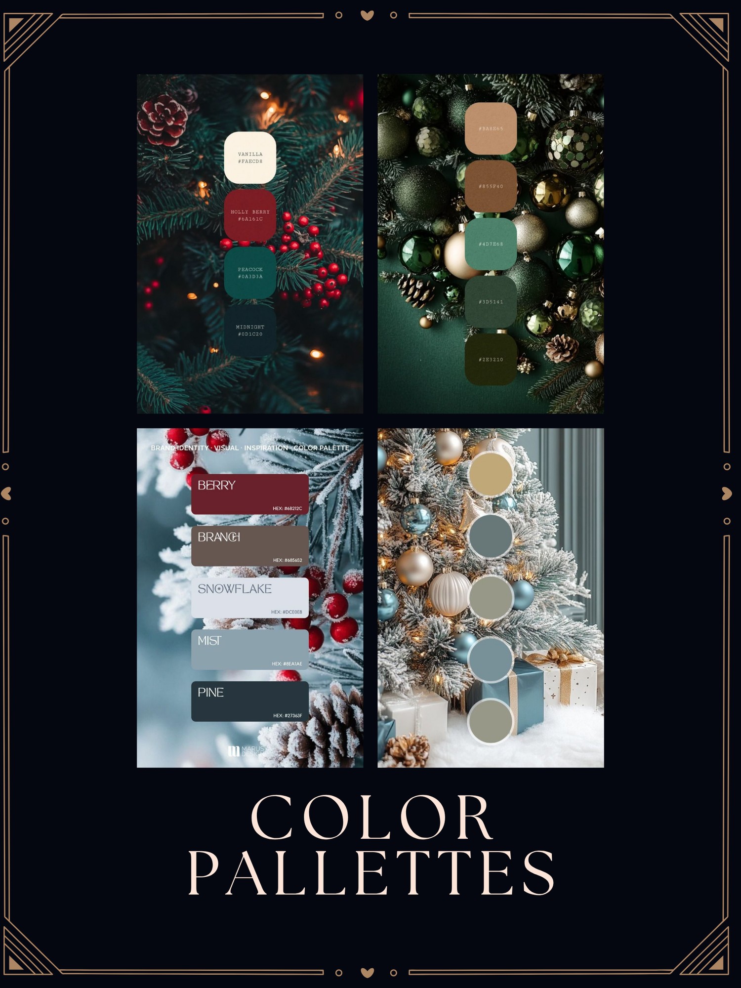 Four Christmas color palettes featuring festive hues like deep red, pine green, gold, and snowy white inspired by holiday decor.