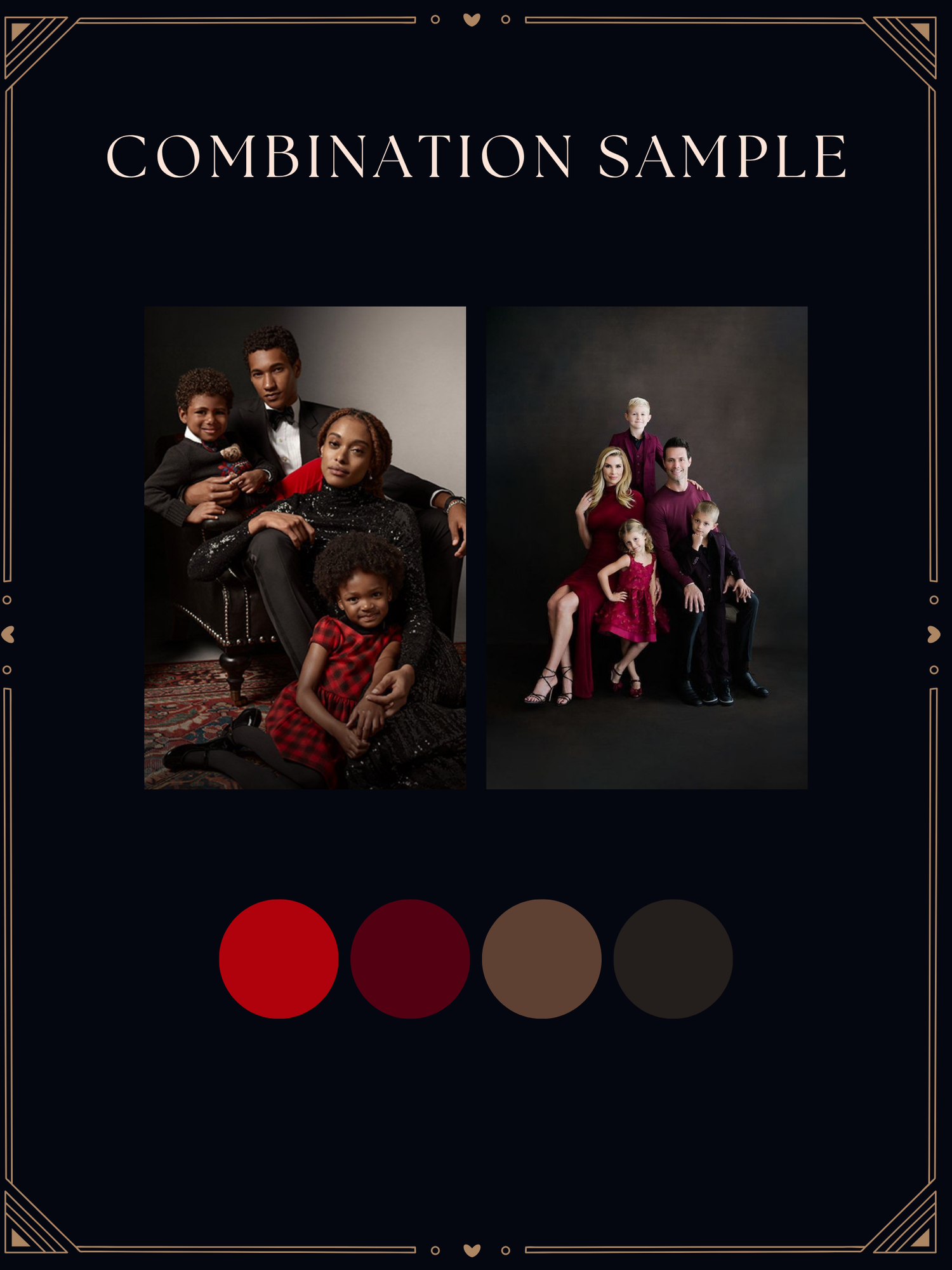 A combination sample showcasing two family portrait sessions with rich red and burgundy color palettes against dark studio backgrounds.