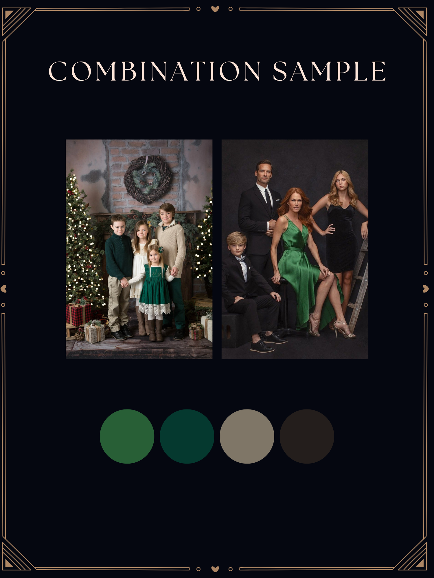 A holiday combination sample showing two family portraits with a green, teal, tan, and brown color palette on dark background.