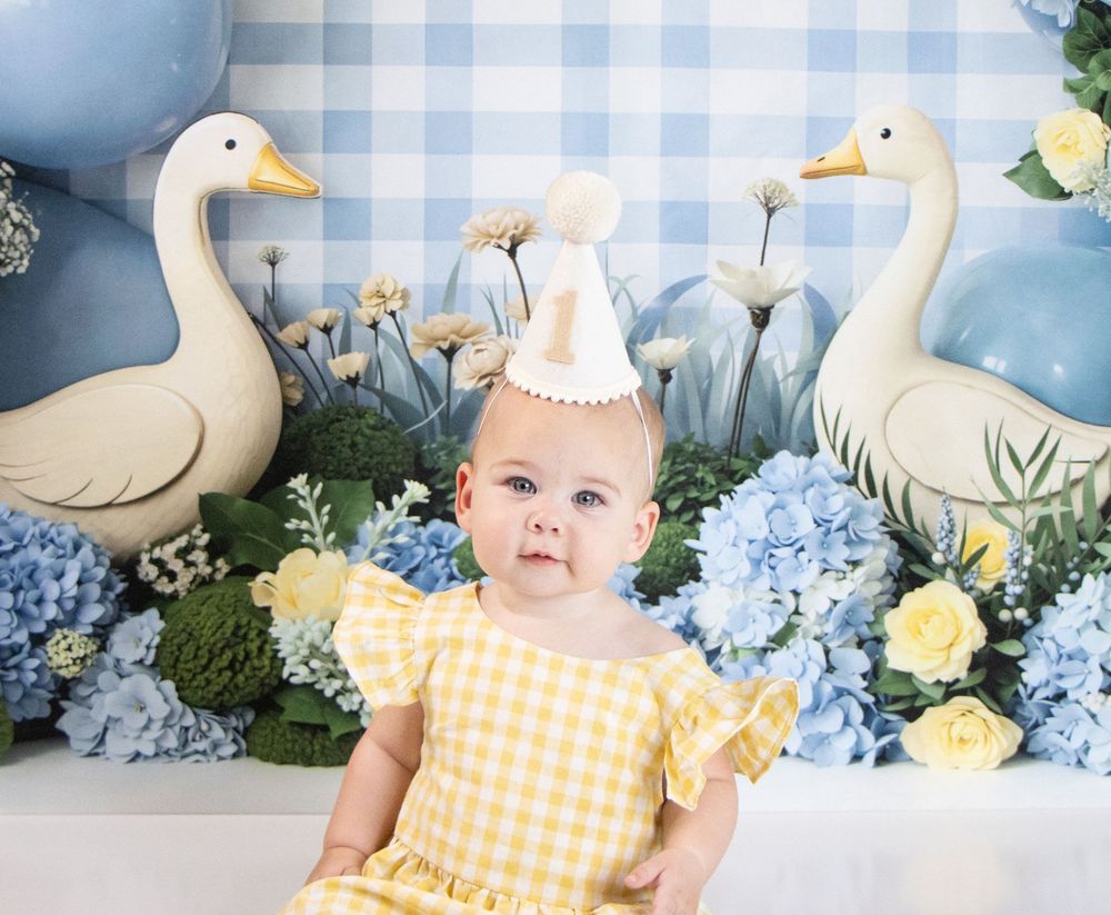 Baby in yellow gingham dress wearing party hat sits among blue hydrangeas and decorative geese for first birthday photo.