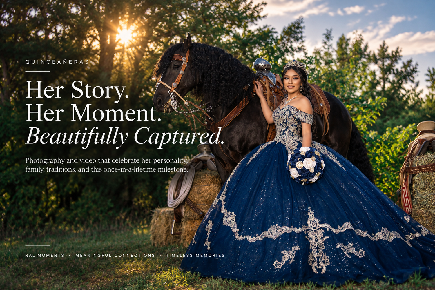 Quinceañera girl in navy blue ball gown posing with horse at golden hour in garden setting.