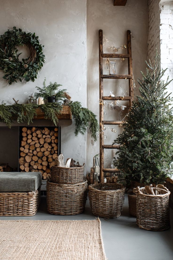 Rustic Christmas decor with wicker baskets, pine trees, wooden ladder, wreath, and firewood by a cozy fireplace.