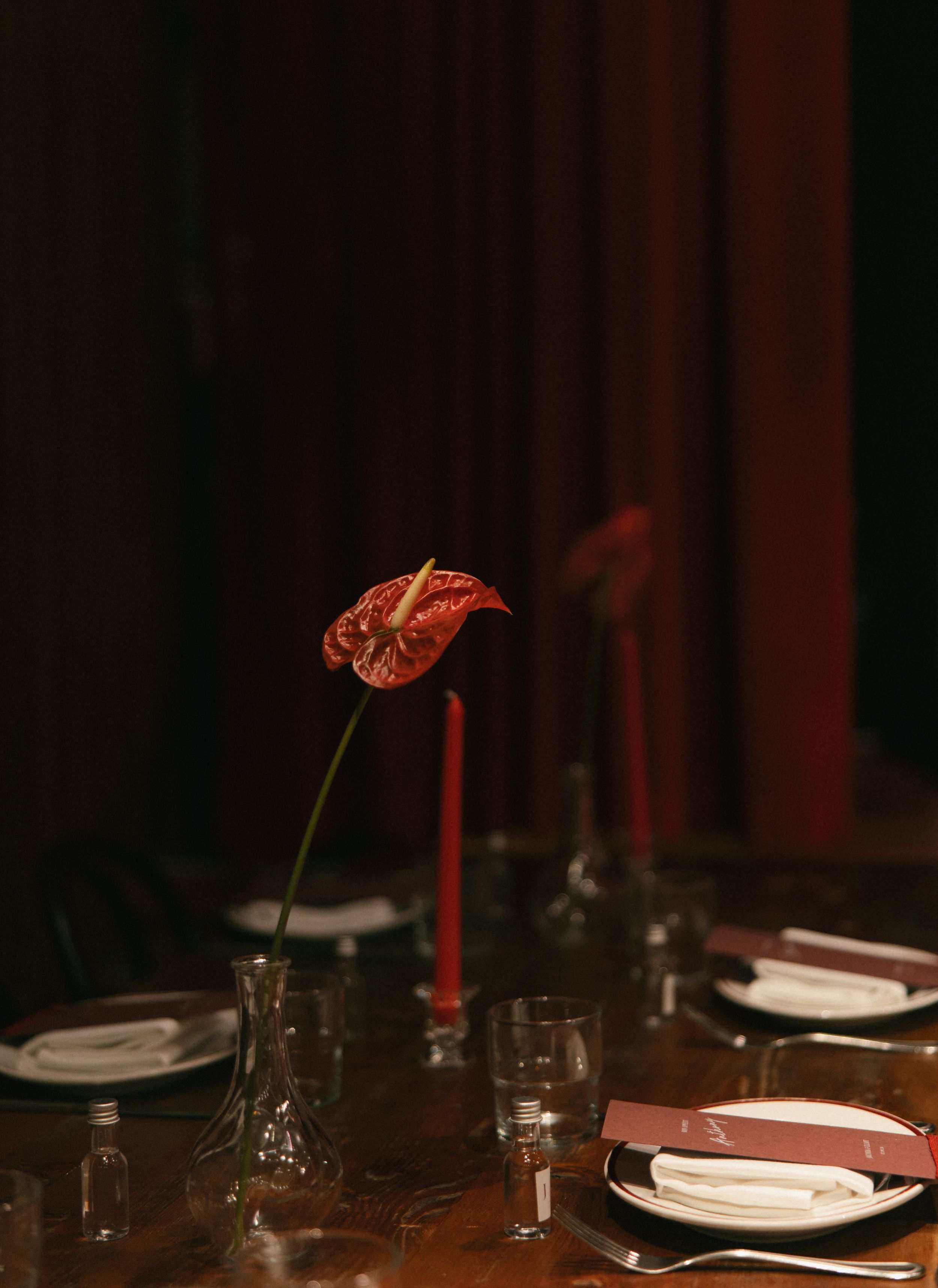 Elegant dinner table setting with red anthurium flower, taper candle, glassware, and white napkins in a dark ambiance.