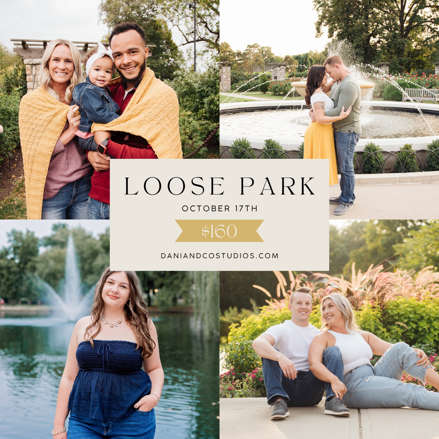 Family photo session at Loose Park on October 17th, featuring couples and families posing outdoors near a fountain.