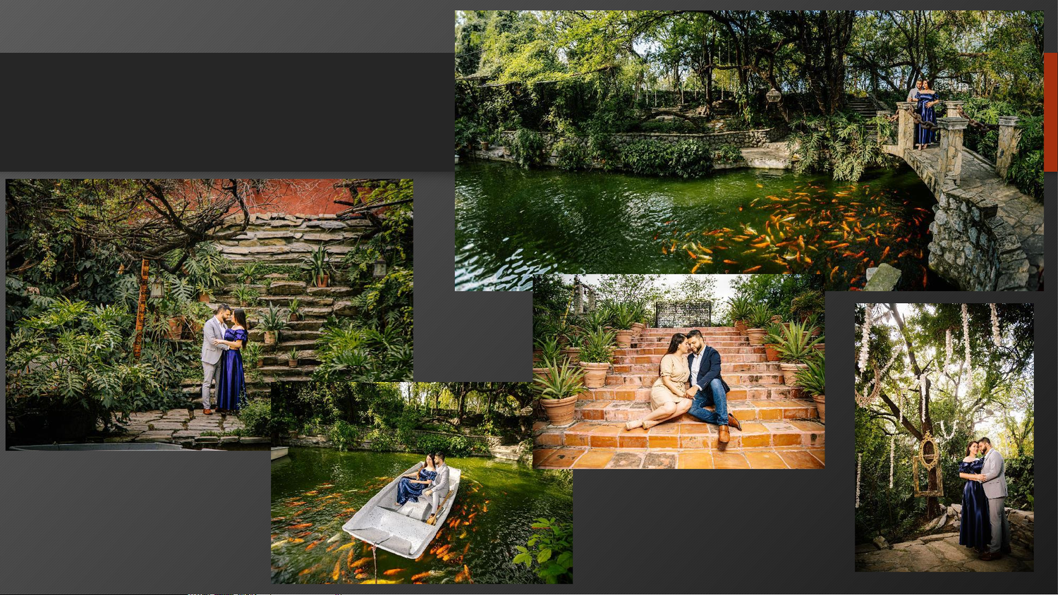 Romantic couple poses in lush garden with stone bridge, brick steps, and tropical greenery in dreamy outdoor photo collage.
