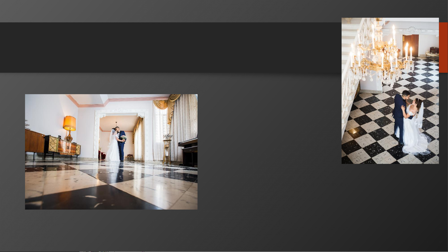 Elegant wedding couple sharing a romantic moment in a grand ballroom with chandeliers and classic black-and-white checkered floors.