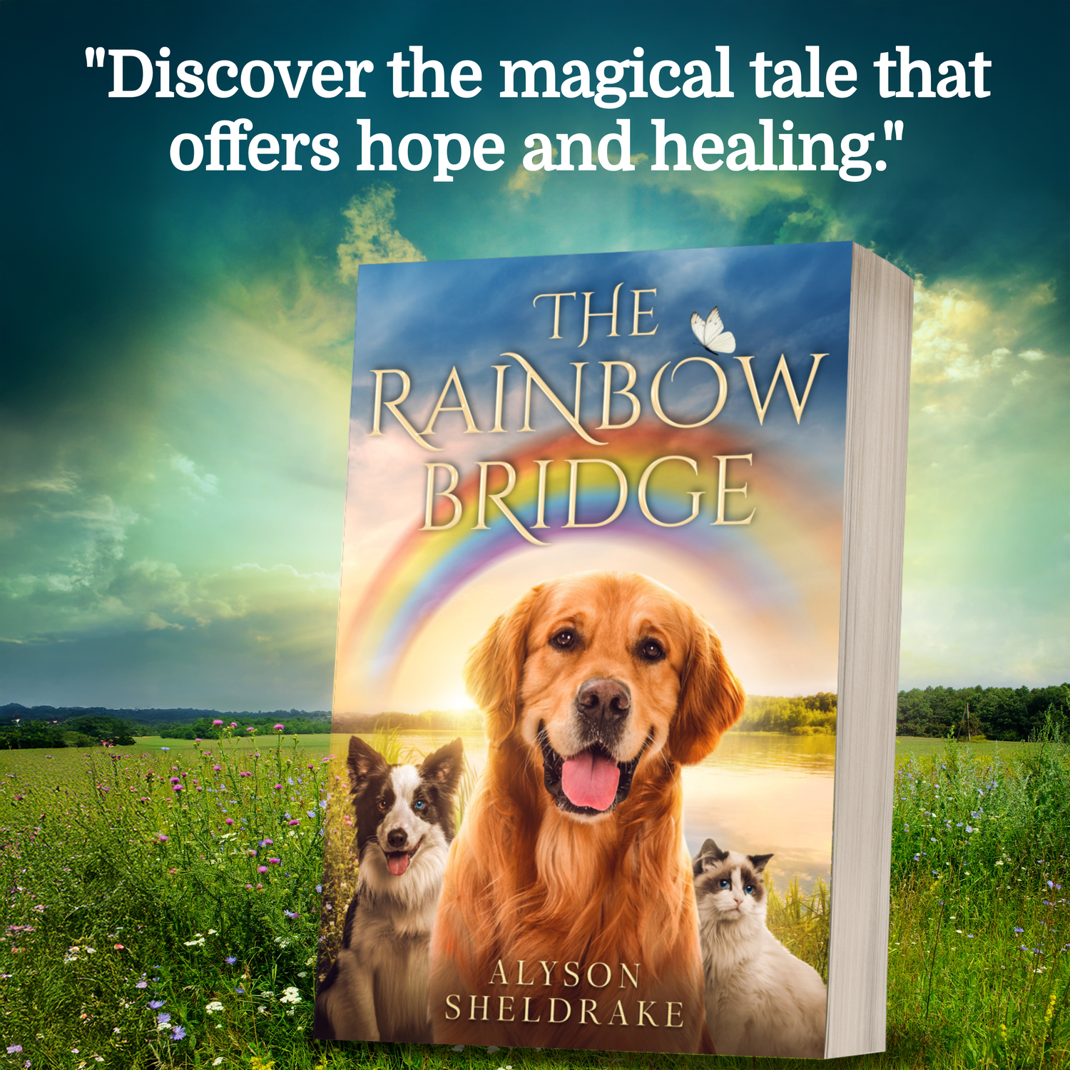 The Rainbow Bridge book by Alyson Sheldrake displayed with a golden retriever, dog, and cat on cover.