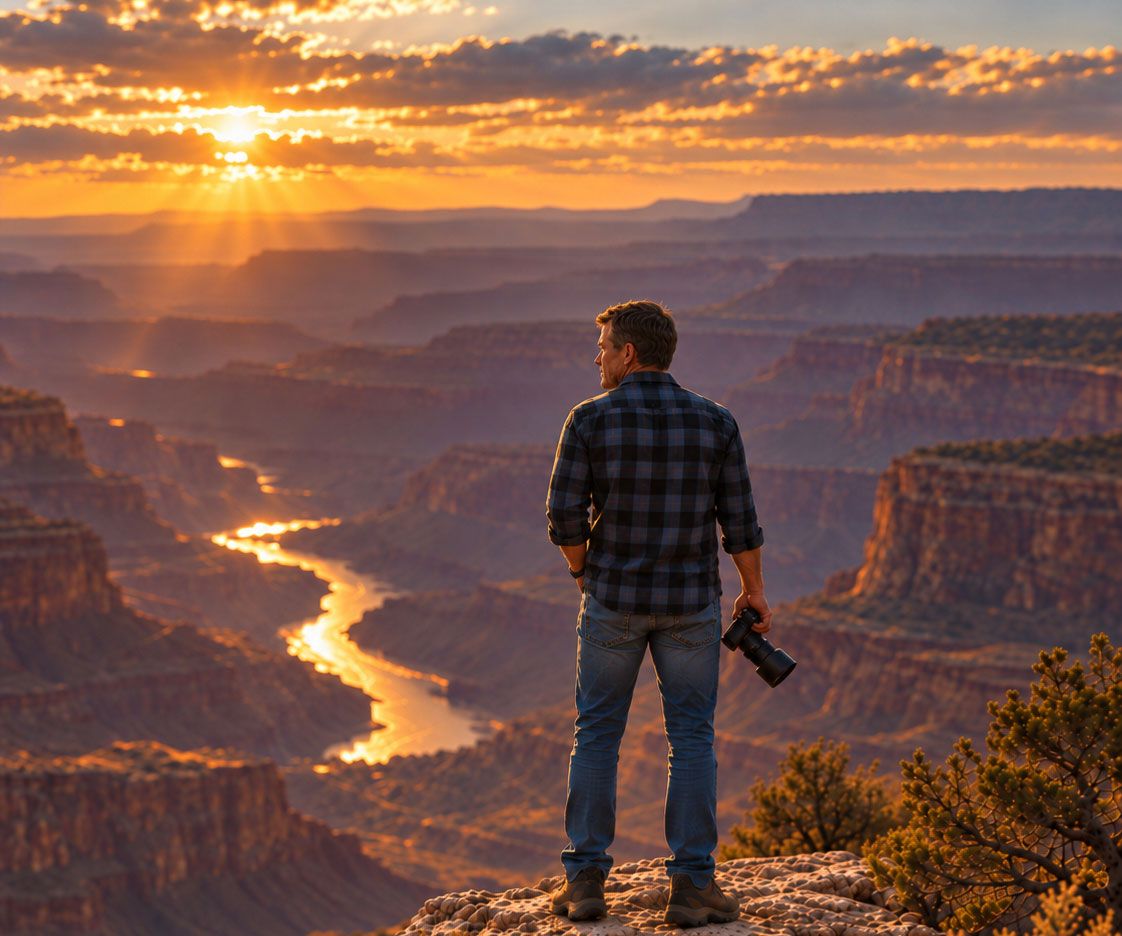 Photographer Steve Cole holding a camera standing at the edge of a vast canyon overlook overlooking a winding river at golden hour sunset.