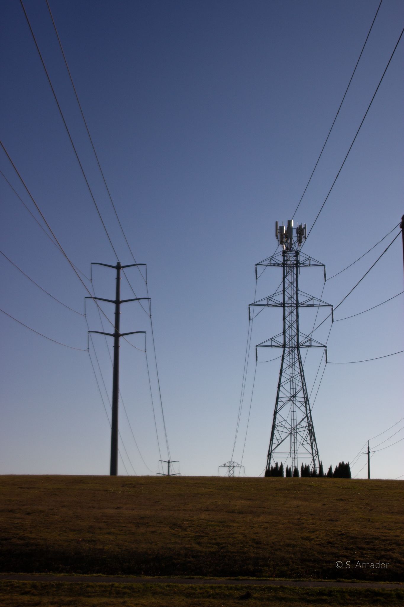 Silhouetted high-voltage electricity transmission towers and power lines against a clear blue sky over a rural field.