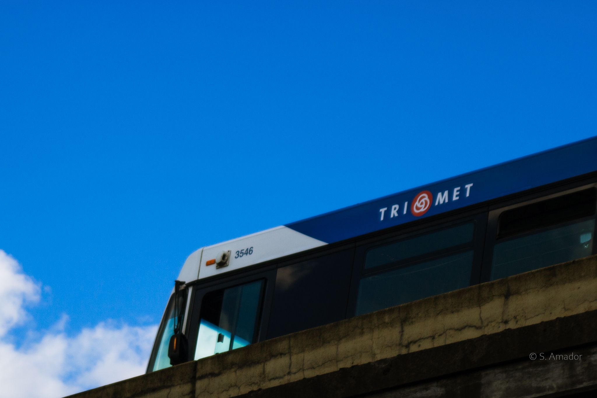 TriMet public transit bus against a bright blue sky in Portland Oregon.
