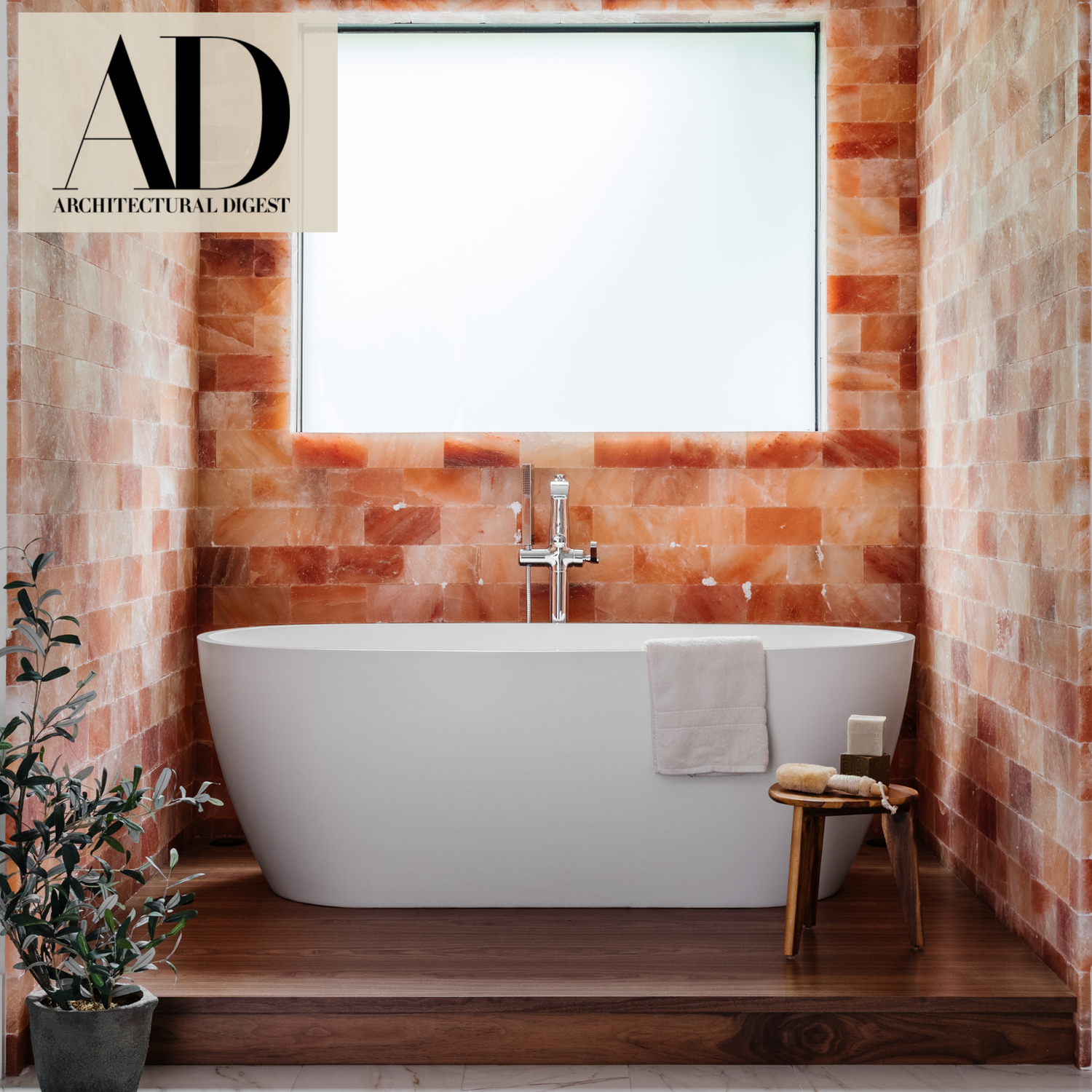 Pink Salt tiles in the bathroom around bath tub