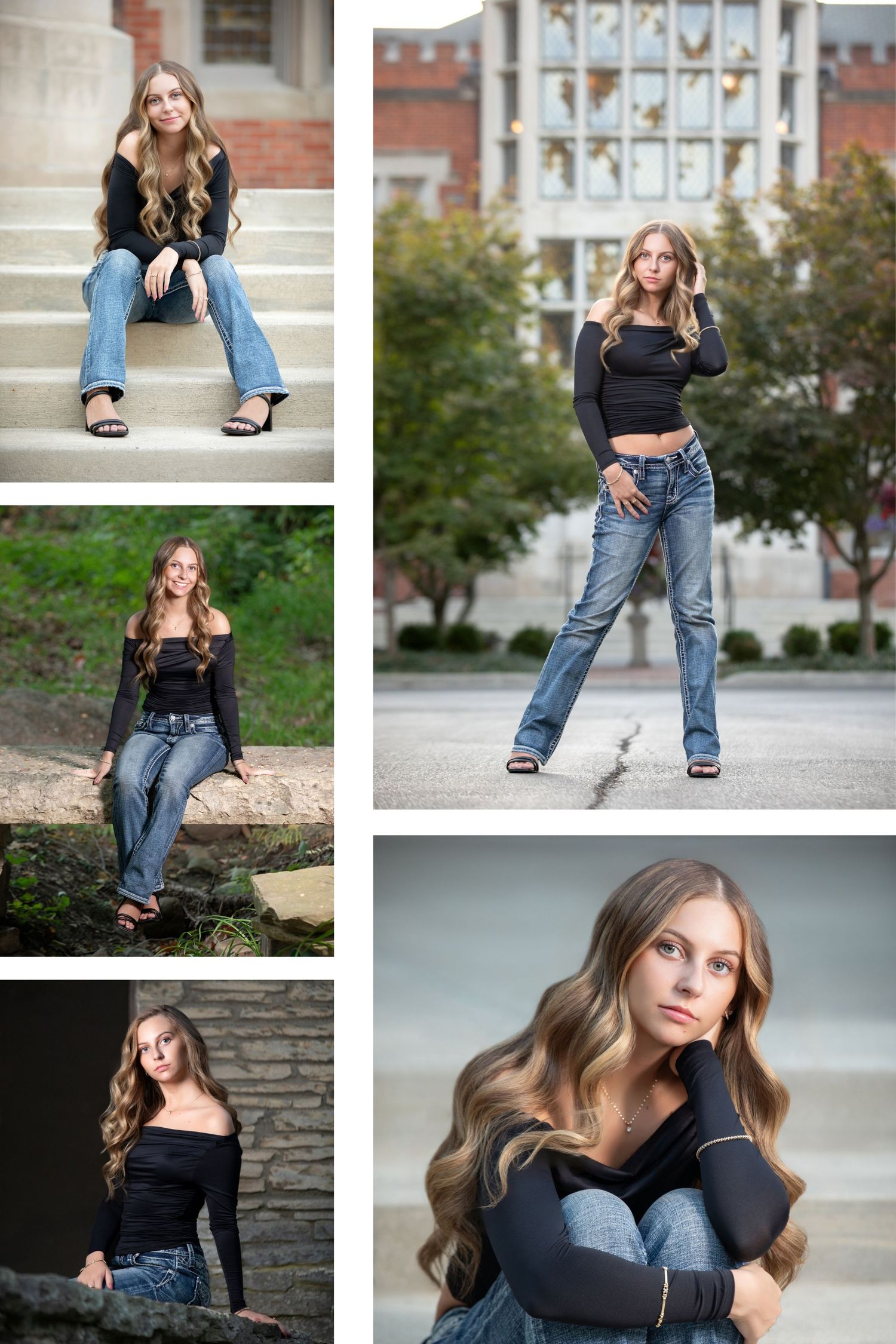 Senior girl portraits near Columbus Ohio featuring Jeffrey Mansion stone backgrounds, soft lighting, and a modern senior photography style.