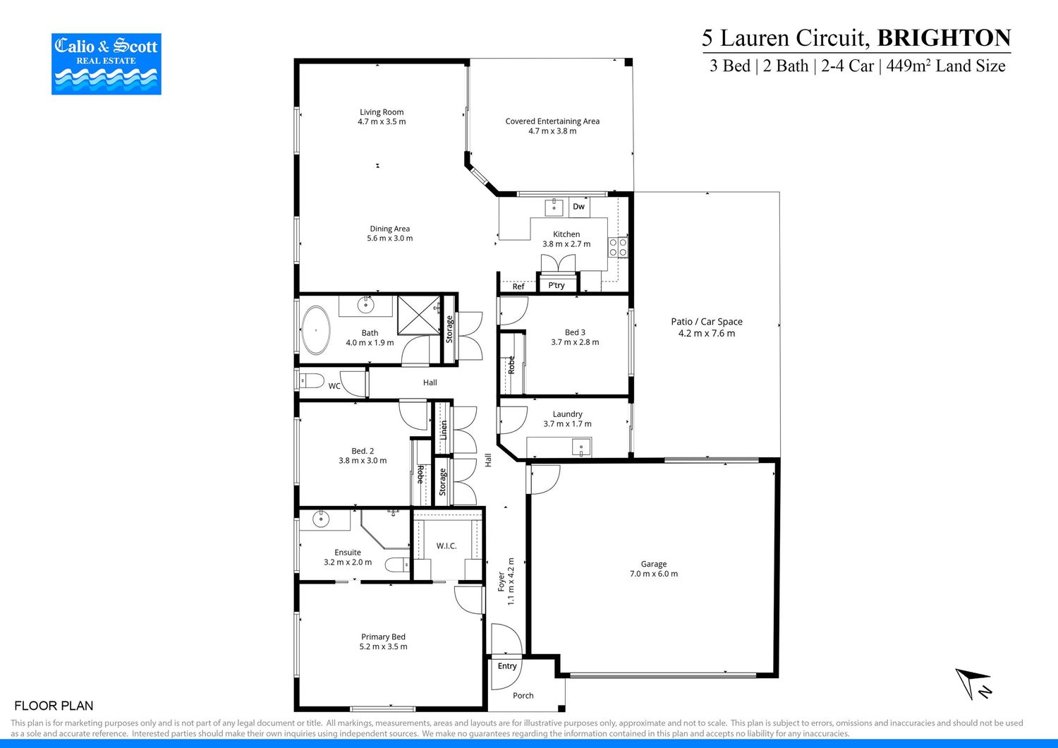 Single-storey floor plan of a 3-bed, 2-bath home at Brighton, with open living.