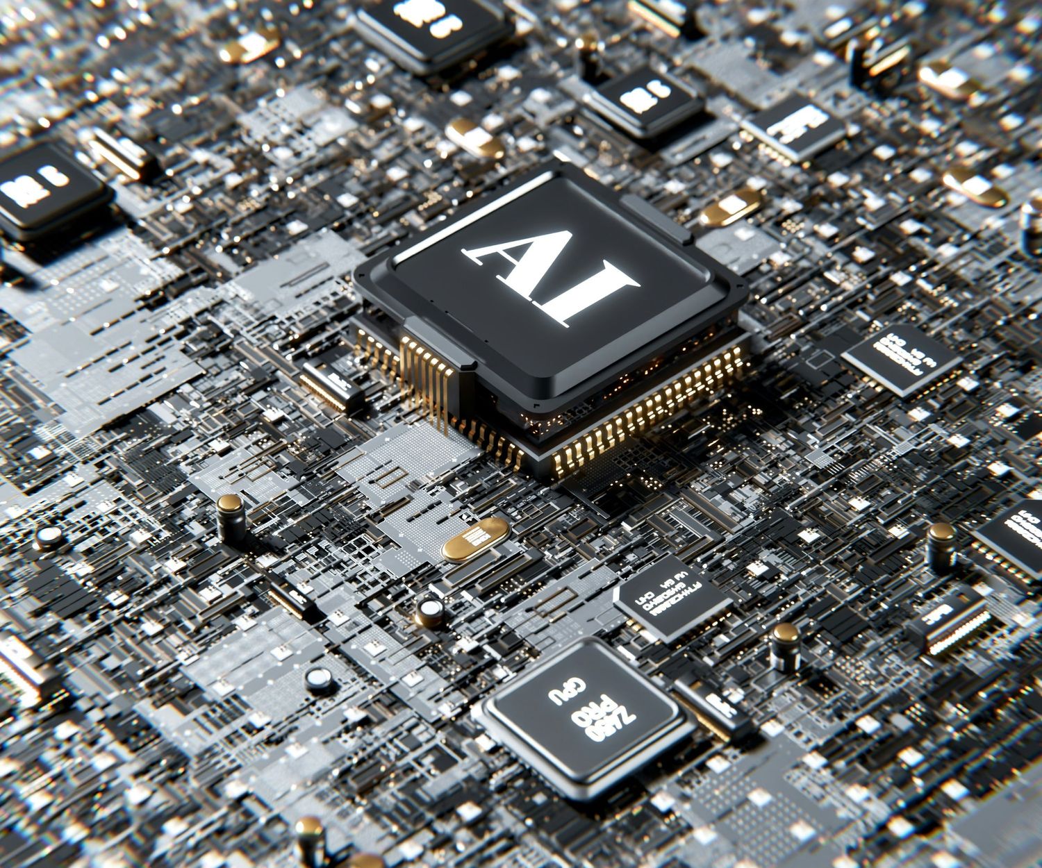 Close-up of a circuit board featuring an AI-labeled microprocessor chip surrounded by electronic components.