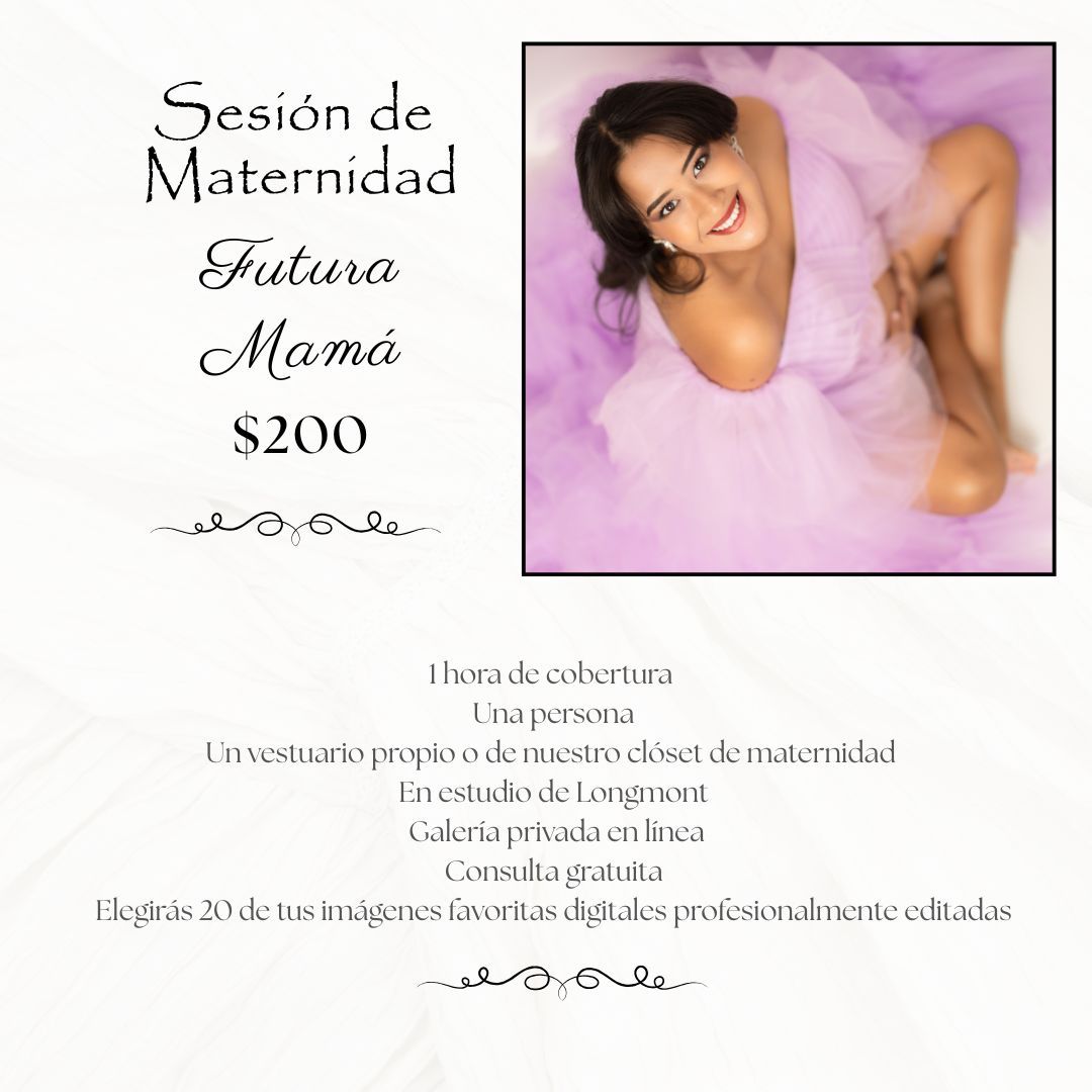 Sesión de maternidad en estudio con vestido lila, paquete Futura Mamá por $200 incluye fotos editadas en Longmont.