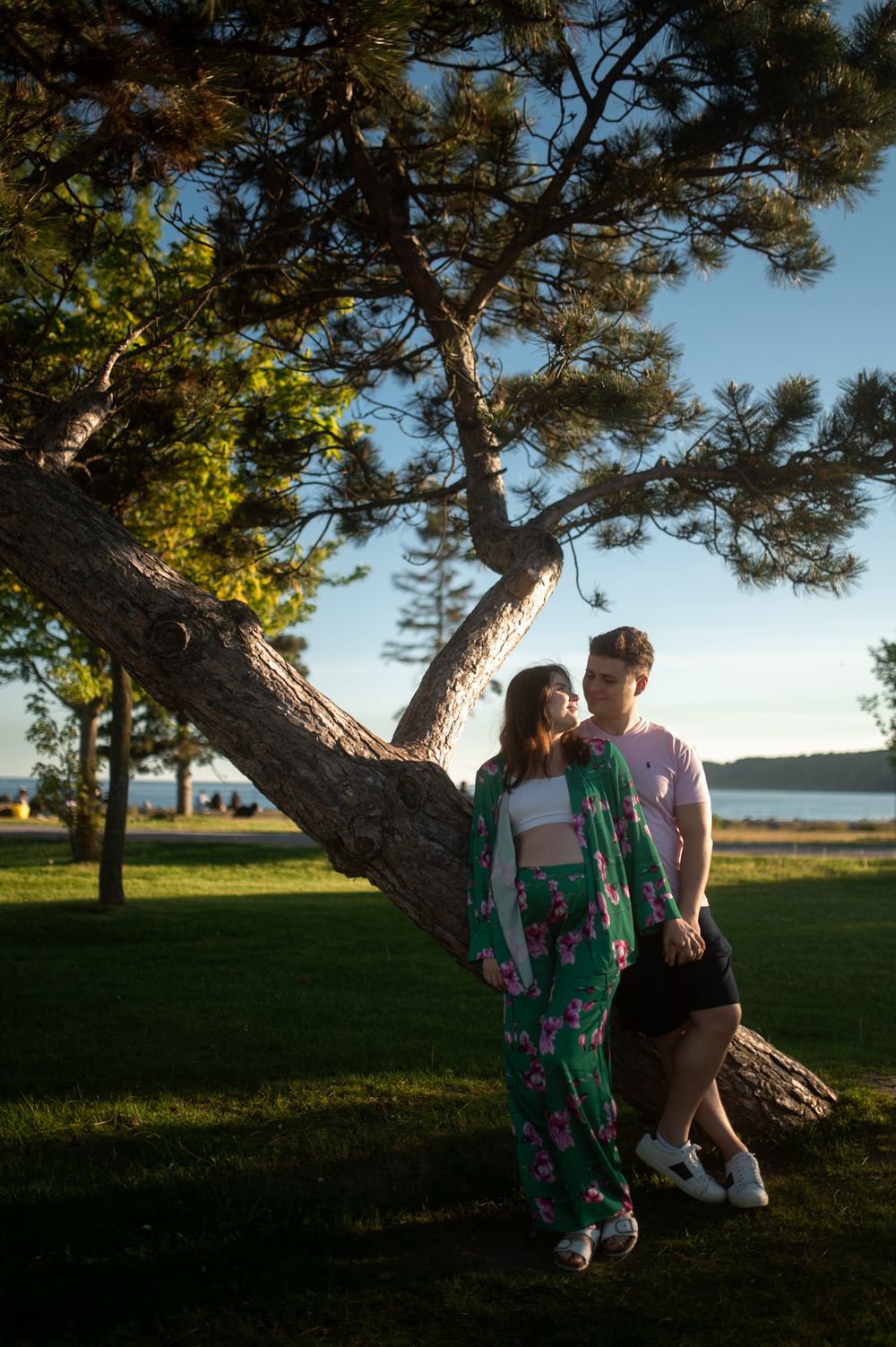Couple leaning against a large pine tree in a park near a lake at golden hour.