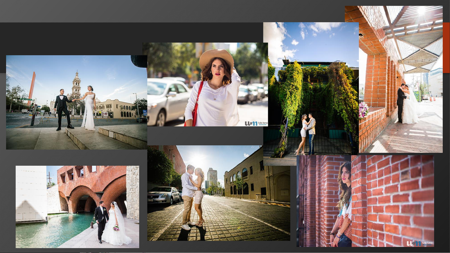 A collage of wedding and couple photography sessions in urban outdoor locations with brick walls and city streets.