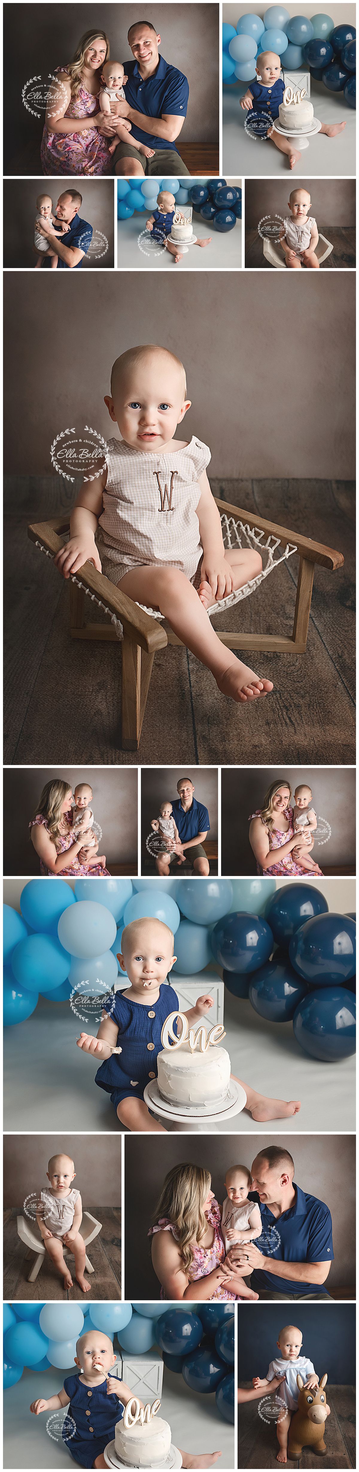 Baby boy first birthday cake smash photo collage with blue balloons, white cake, and family portraits in a studio.