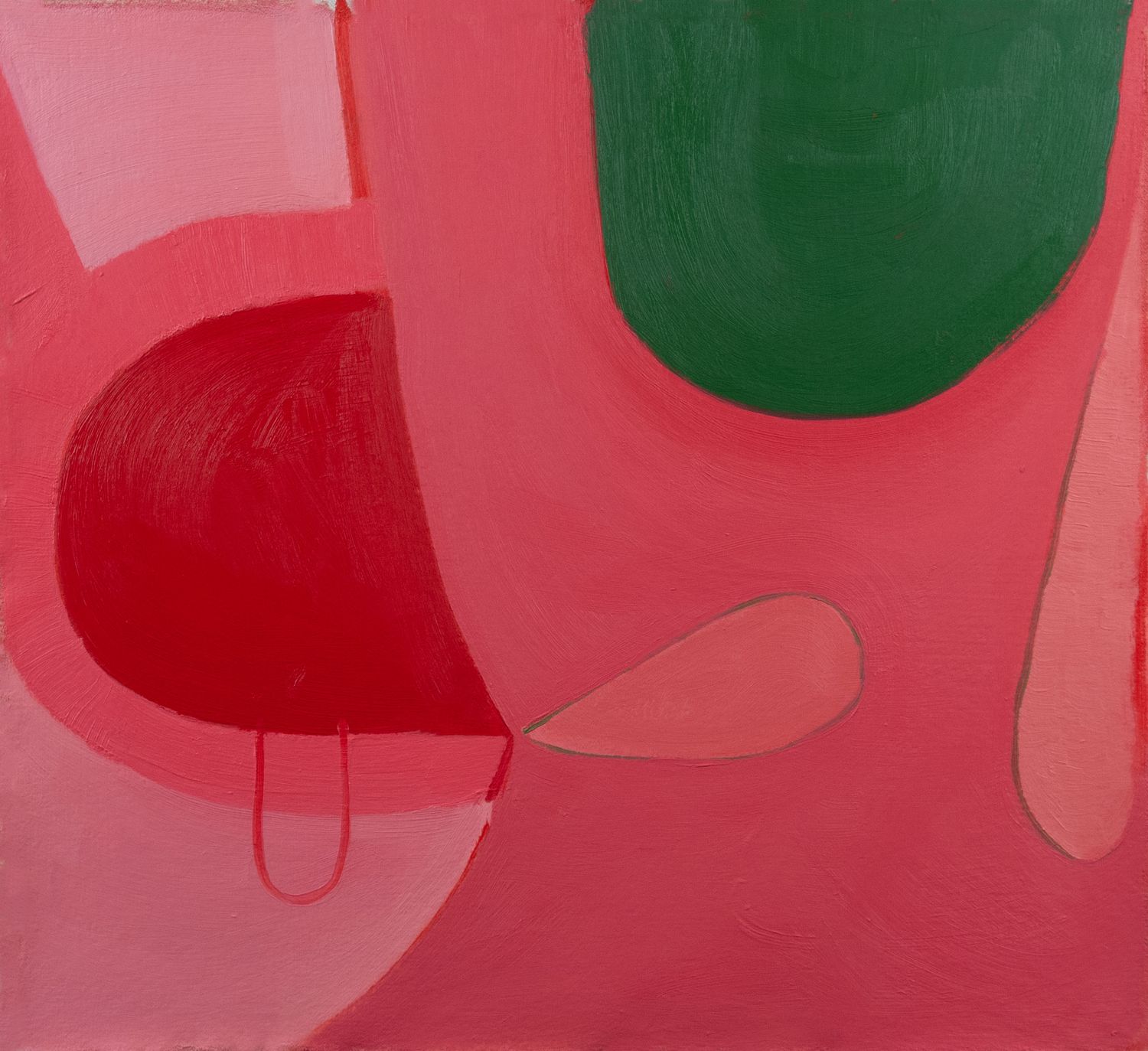 Small-scale contemporary painting in bright pinks on canvas nailed to panel.