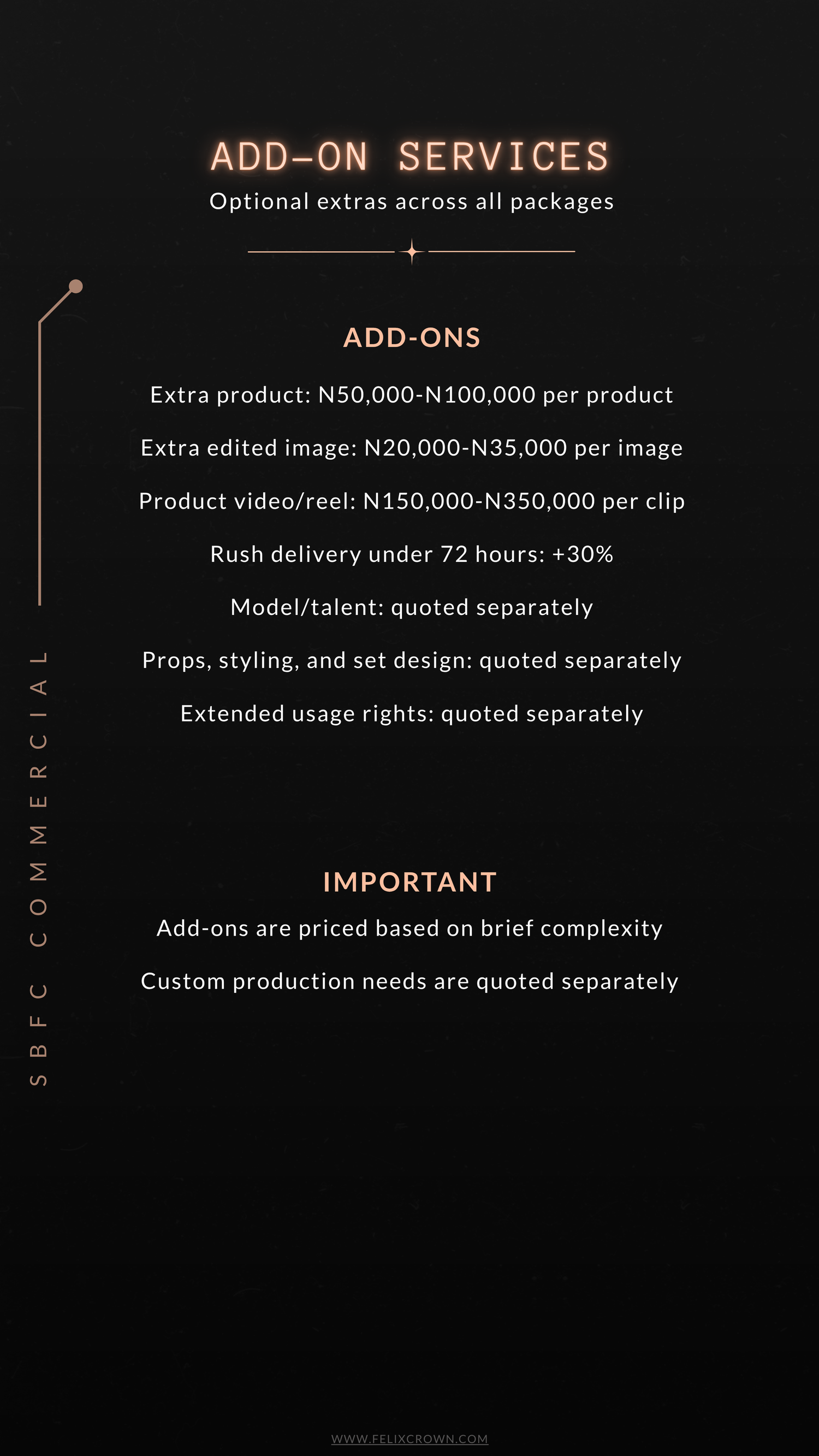 SBFC Commercial Starter Product Pack pricing card showing N200,000 for 5 products, 10 edited images, with 5-7 day turnaround.
