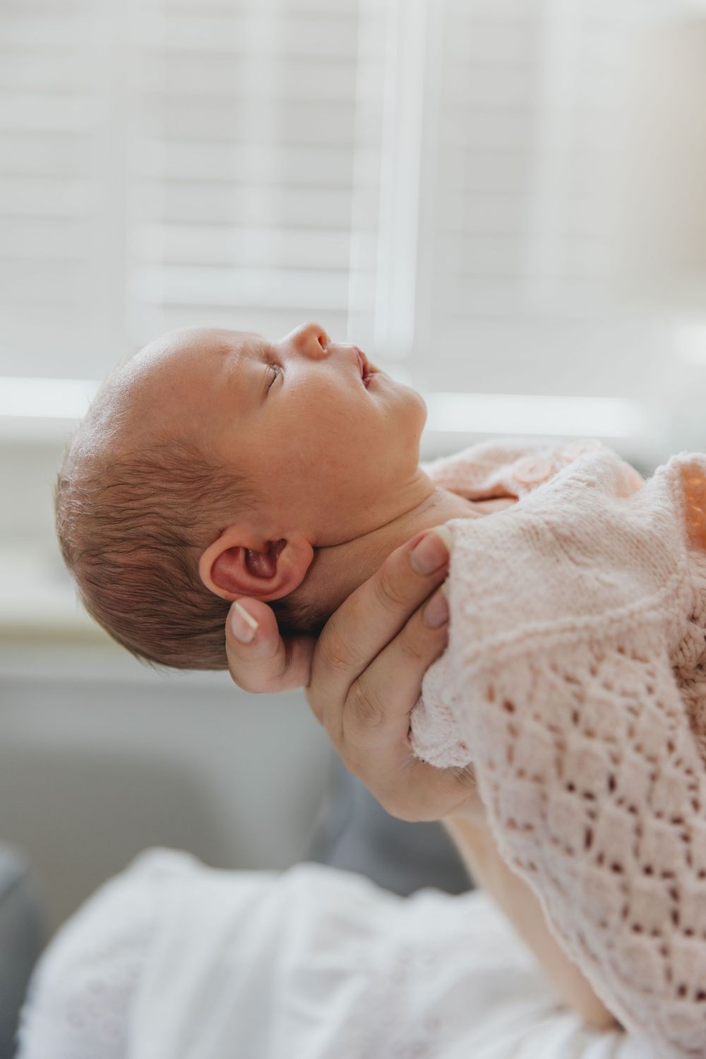Peaceful sleeping newborn baby wrapped in pink knit blanket held near window.