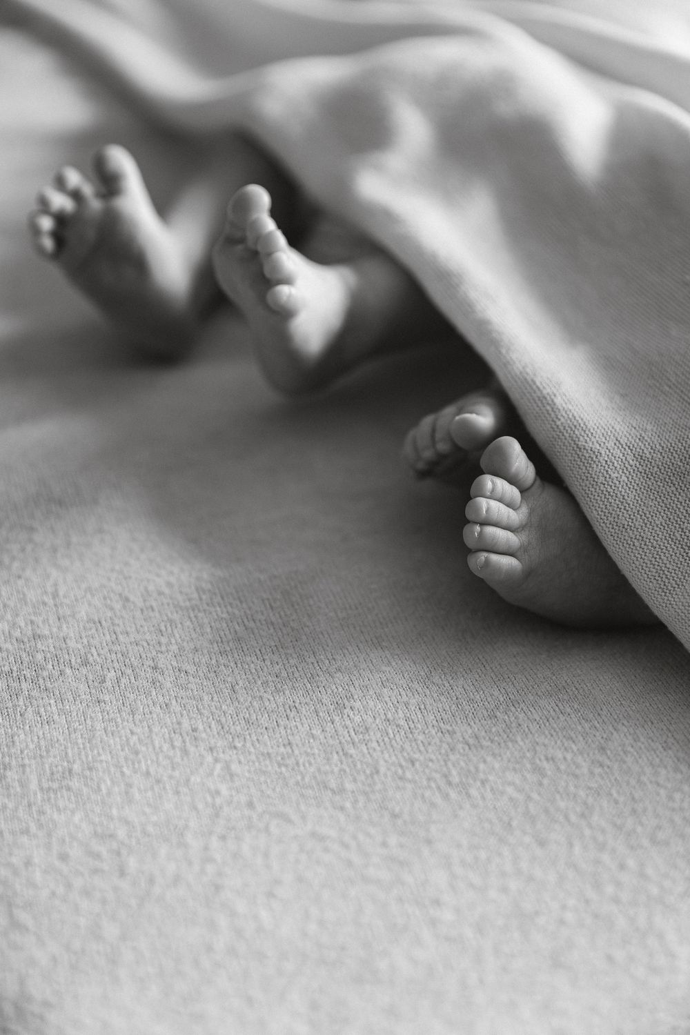 Black and white photo of two newborn babies tiny feet peeking under a soft blanket.