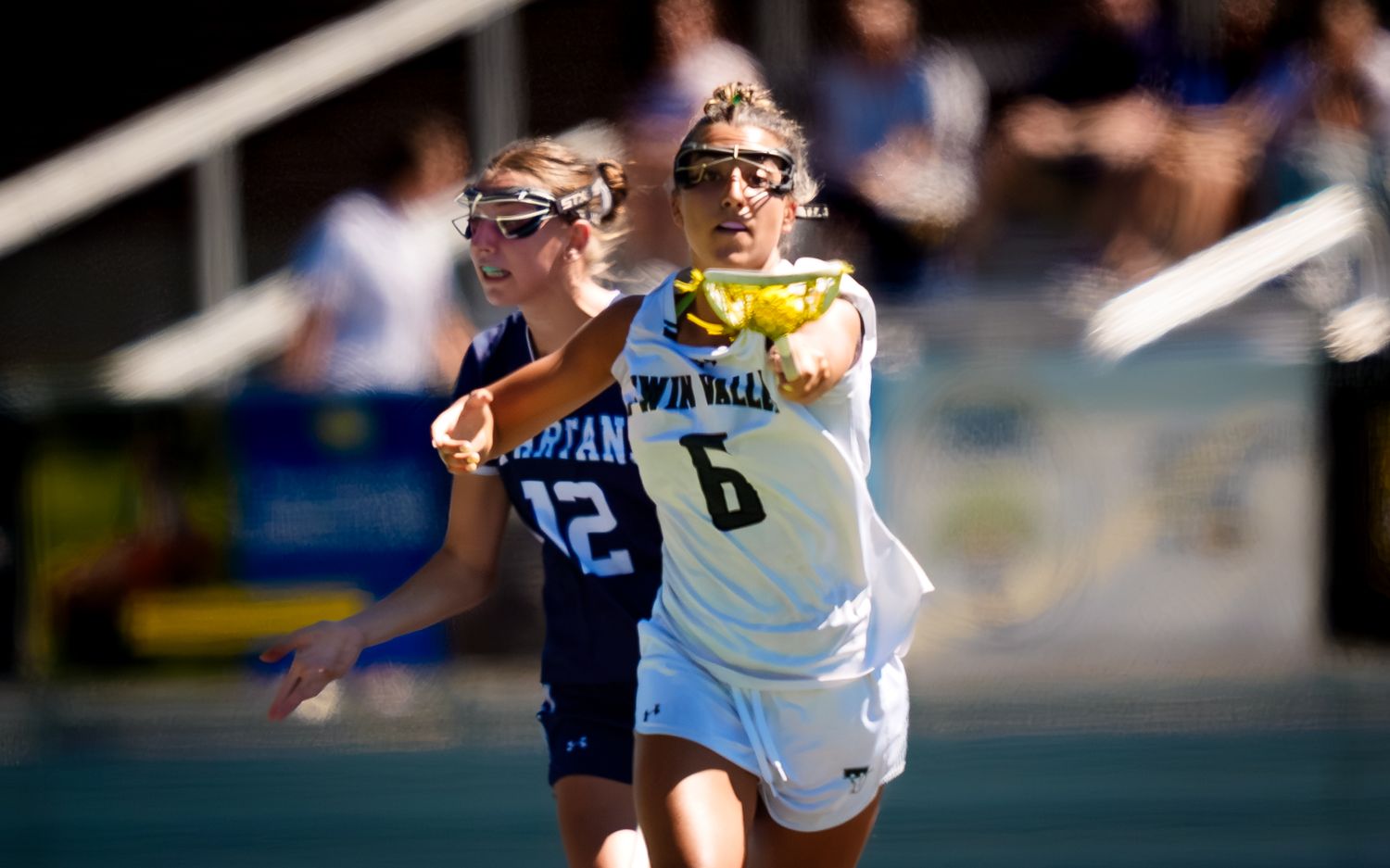 Twin Valley girls lacrosse player driving past a defender at the PIAA 2A final, by Deanna Fox, SportsFox Photography based in Hershey PA