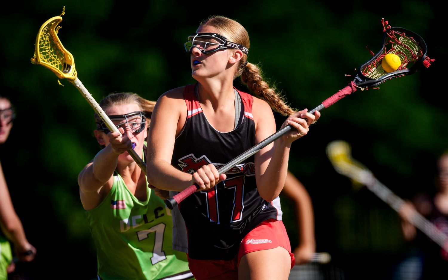 Xtreme club girls lacrosse player battling for the ball at Summer Genesis, by Deanna Fox, SportsFox Photography based in Hershey PA