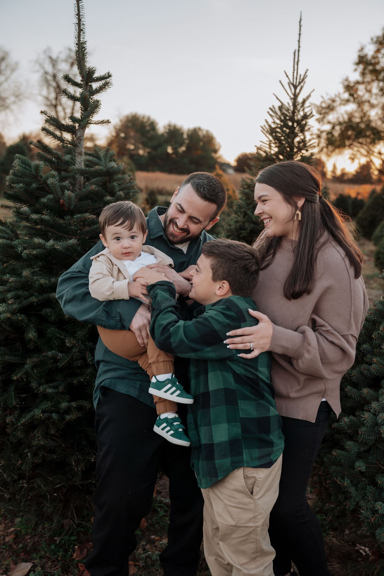 Happy family of four laughs together among Christmas trees at a tree farm during sunset.