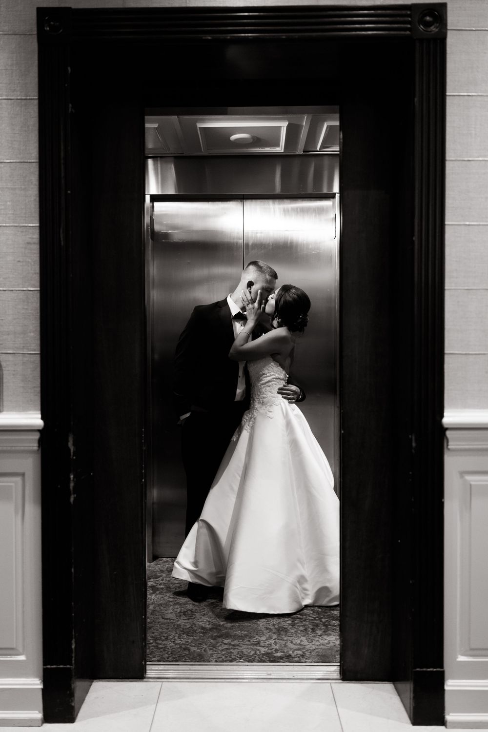 A series of black and white wedding photos showing a bride's white gown framed in doorways creating an artistic sequence.