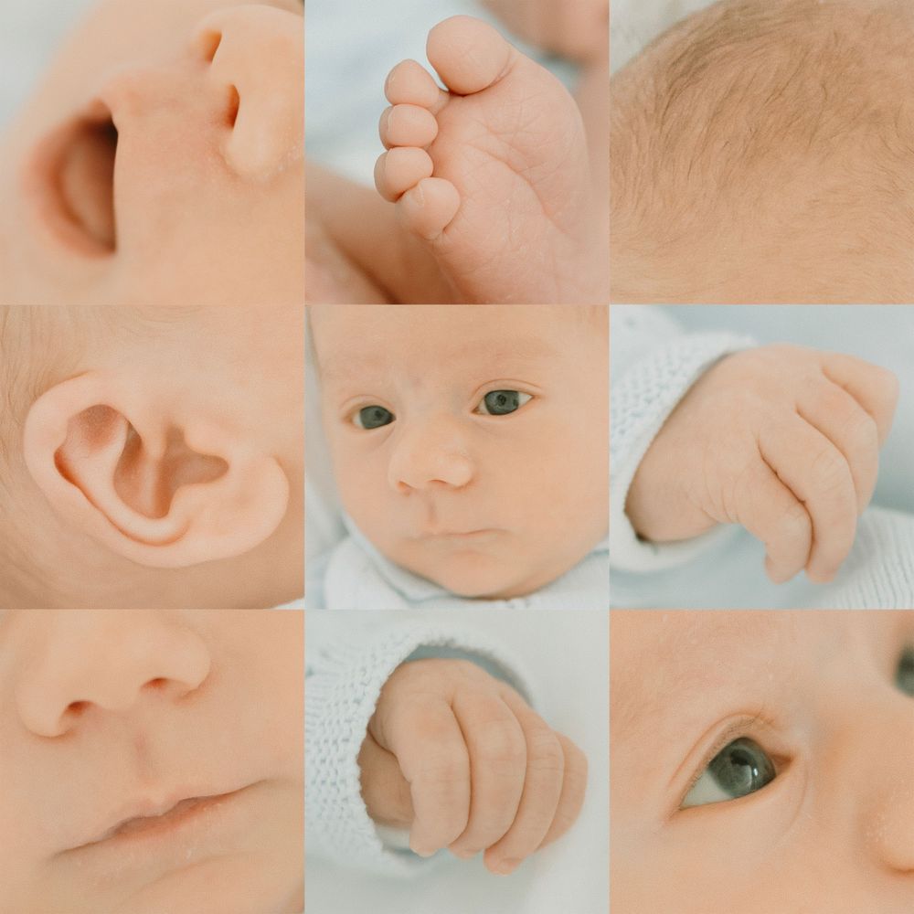 Close-up collage of baby features including tiny toes, ear, nose and other newborn details.