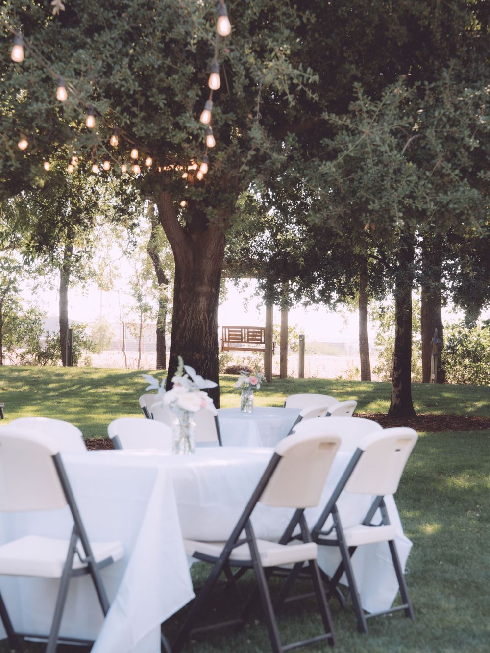 Elegant outdoor event setup with white tablecloths and string lights under large trees.