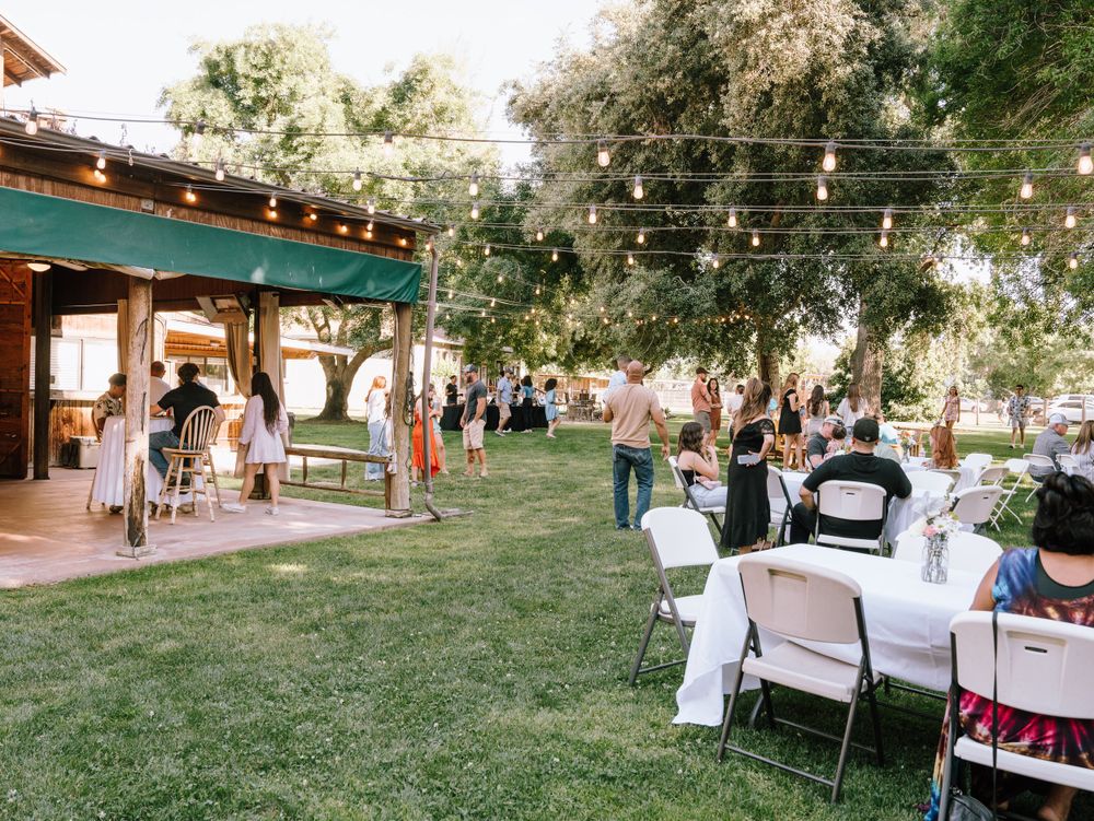 Outdoor graduation party with string lights, tables, and guests on green lawn.