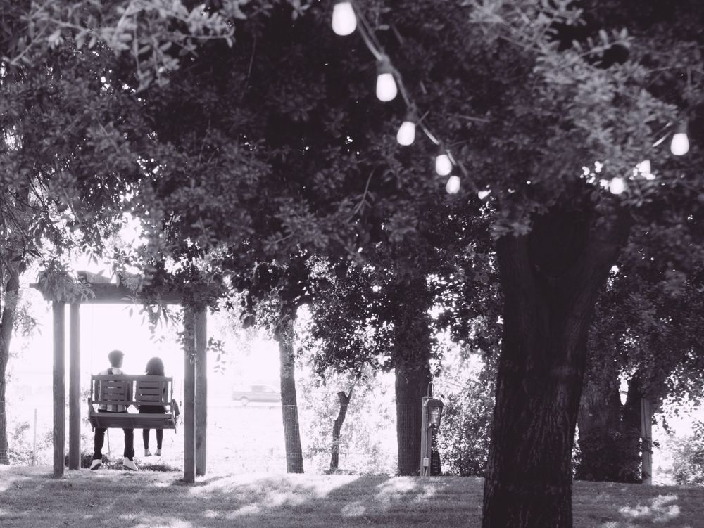 Black and white photo of two people sitting on a bench under trees with string lights overhead.