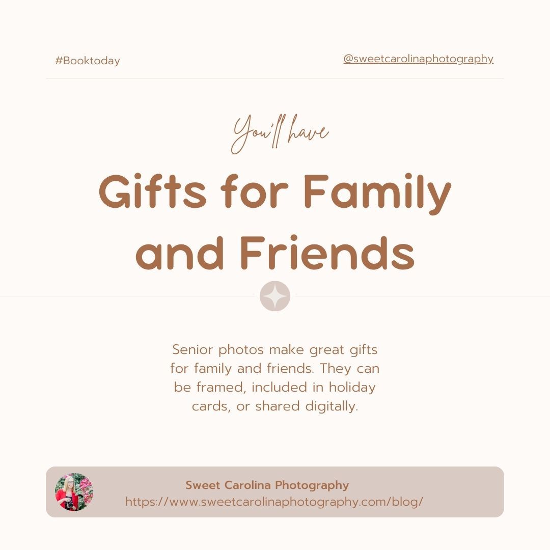 Marketing graphic for photography gifts showing 'Gifts for Family and Friends' text in brown.