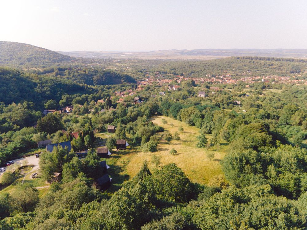 Aerial view of green countryside landscape with scattered houses and forest.