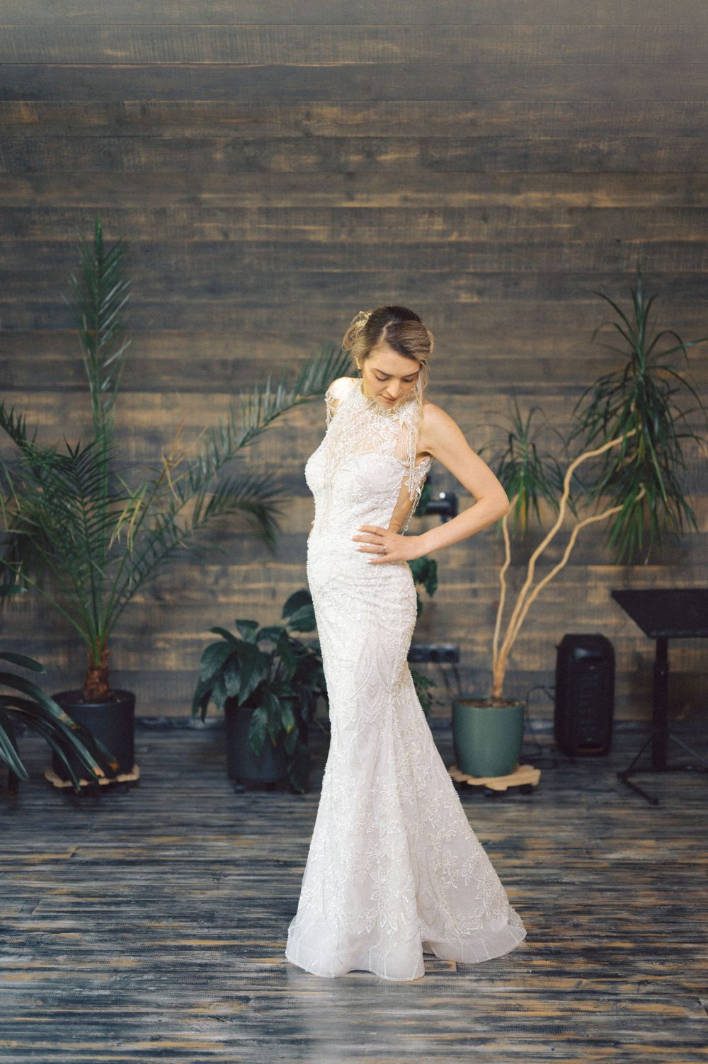 A fitted lace wedding gown showcased against a rustic wooden wall with tropical plants.