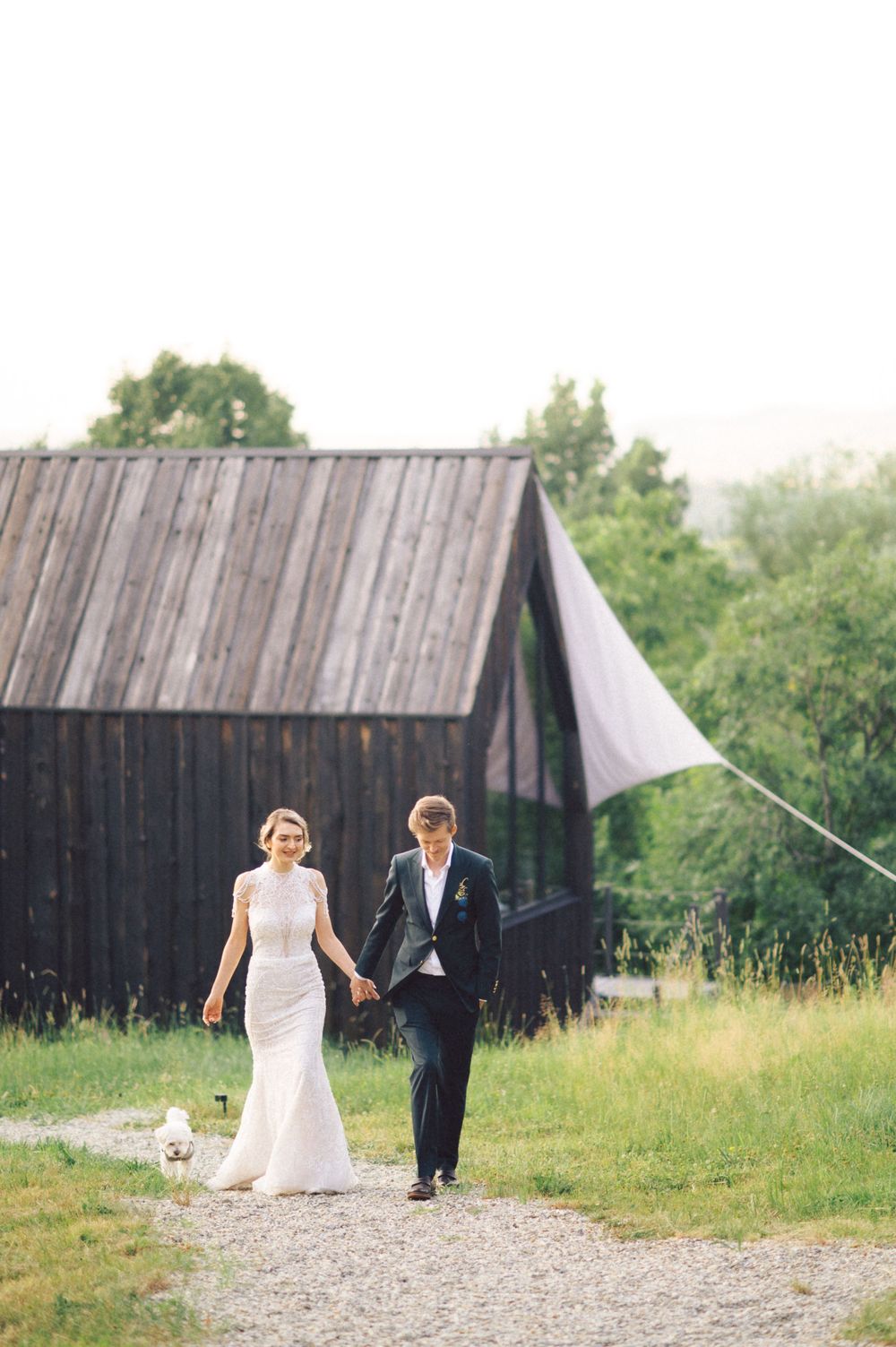 Wedding couple walking down gravel path with small dog near rustic barn.