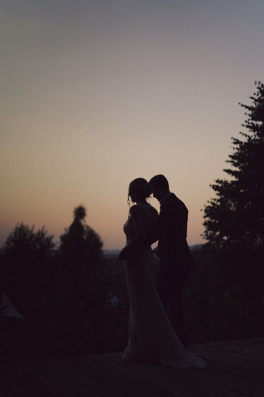 A romantic silhouette of a couple embracing at sunset with trees in the background.