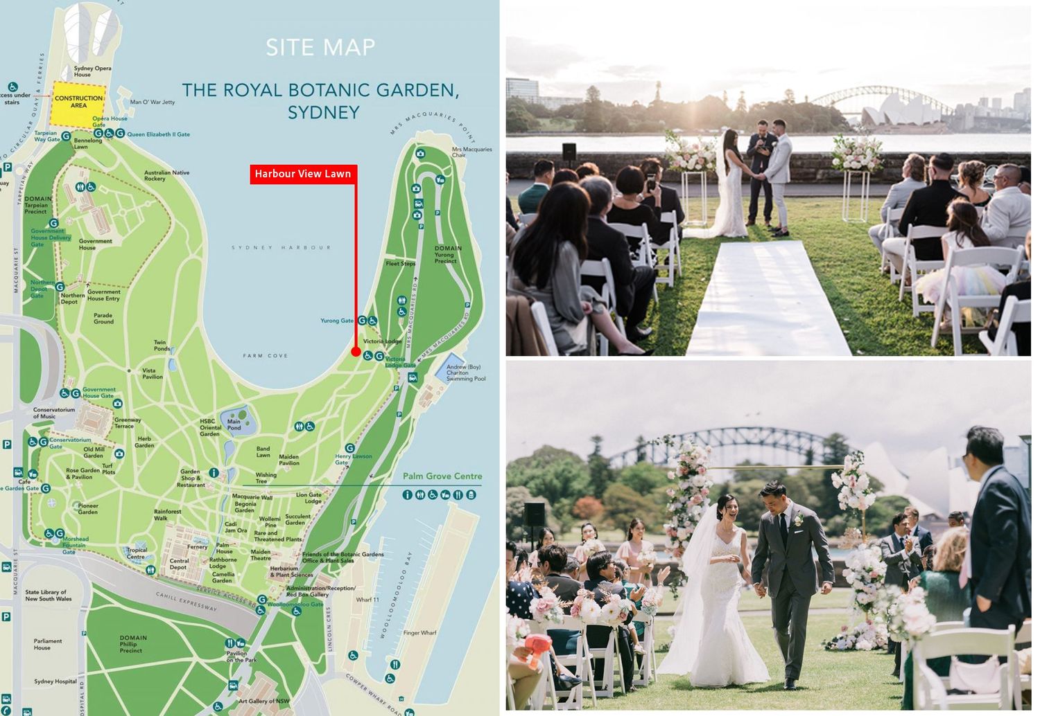 Royal Botanic Garden Sydney wedding venue site map with ceremony photos showing outdoor garden setting.