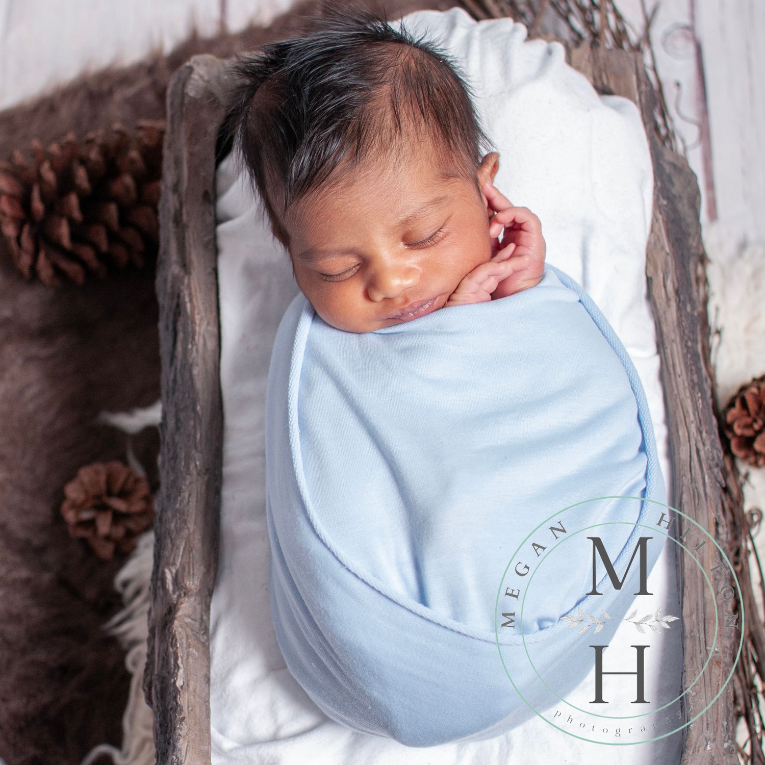 posed newborn with basket and pinecones