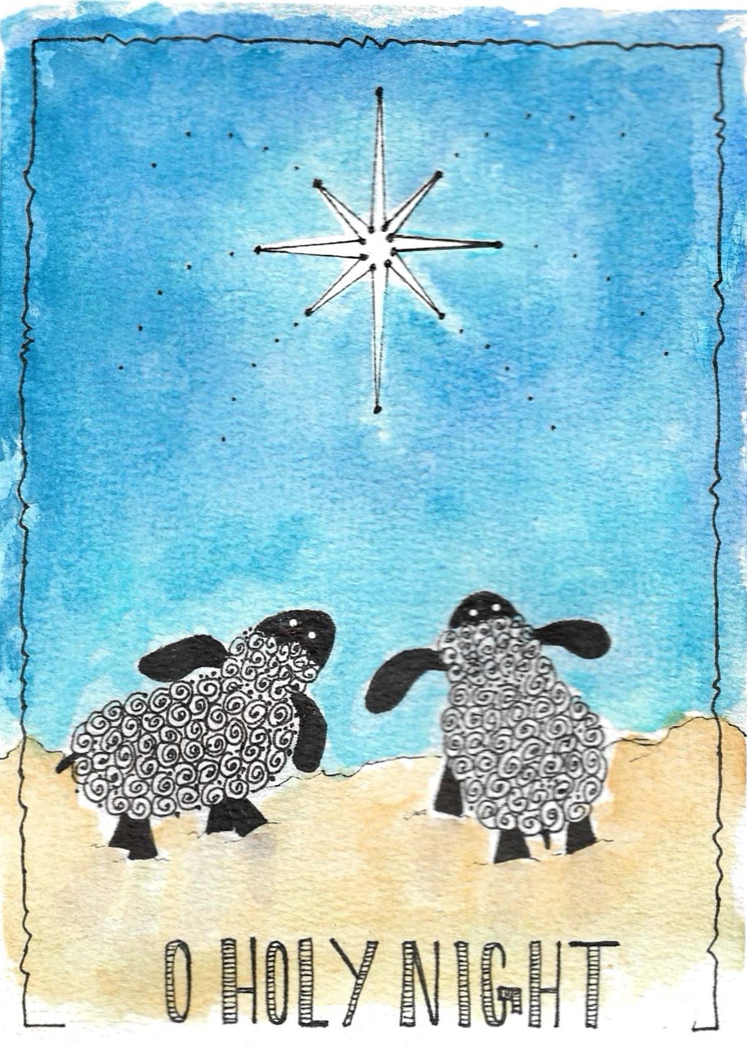 Minimalist watercolor illustration of sheep walking under O Holy Night text with stars in blue sky.