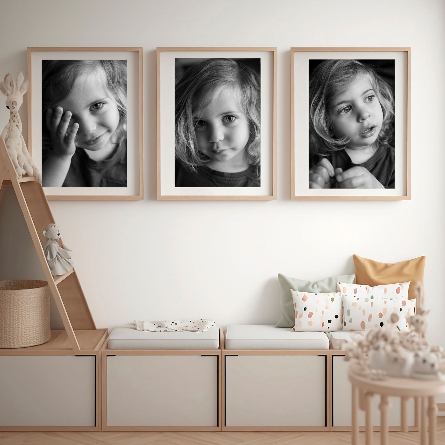 Three black and white portrait photographs in wooden frames displayed above storage benches in a minimalist room with decor.