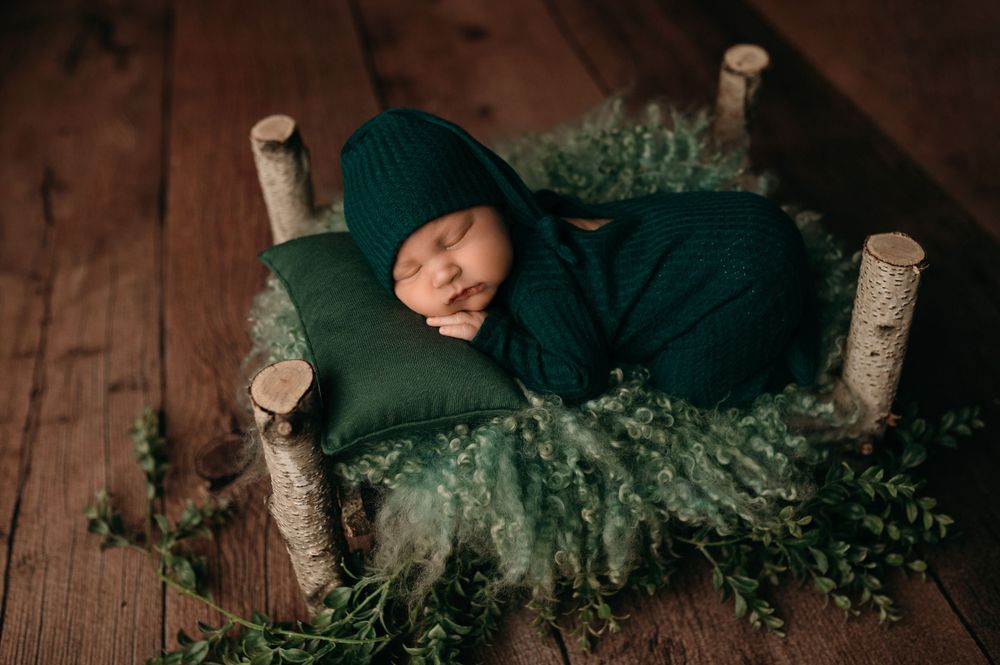 A tiny baby sleeps peacefully on a rustic birch wood bed surrounded by delicate green ferns on wooden flooring.