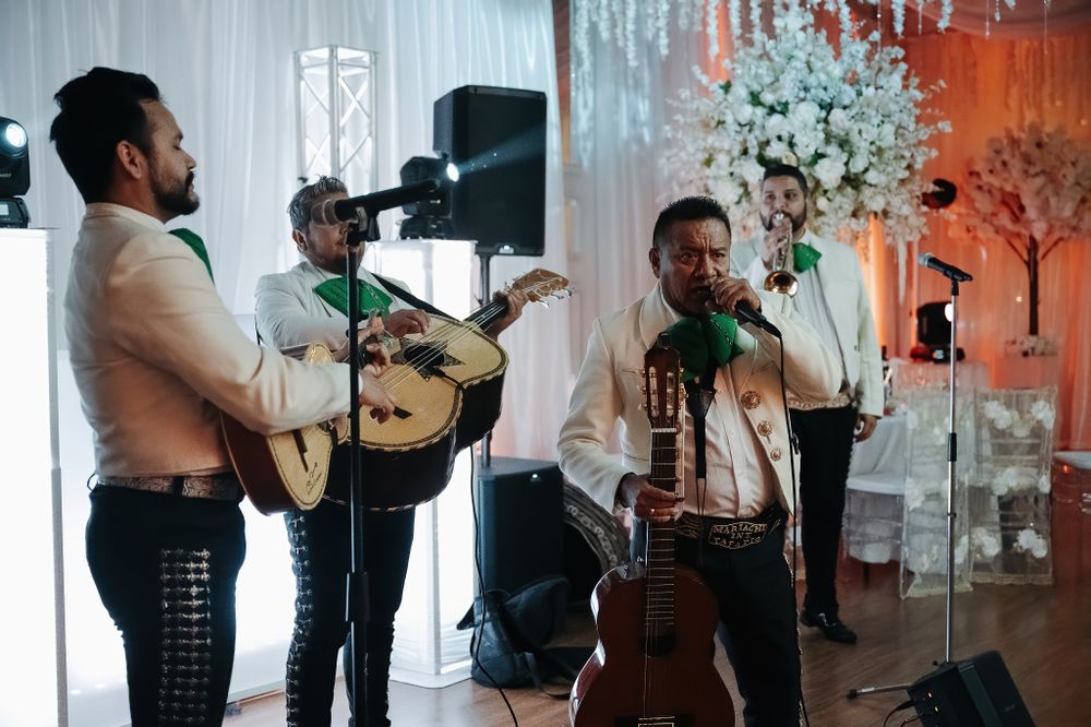 A mariachi band performs at an elegant event venue with white floral decorations and blue lighting.