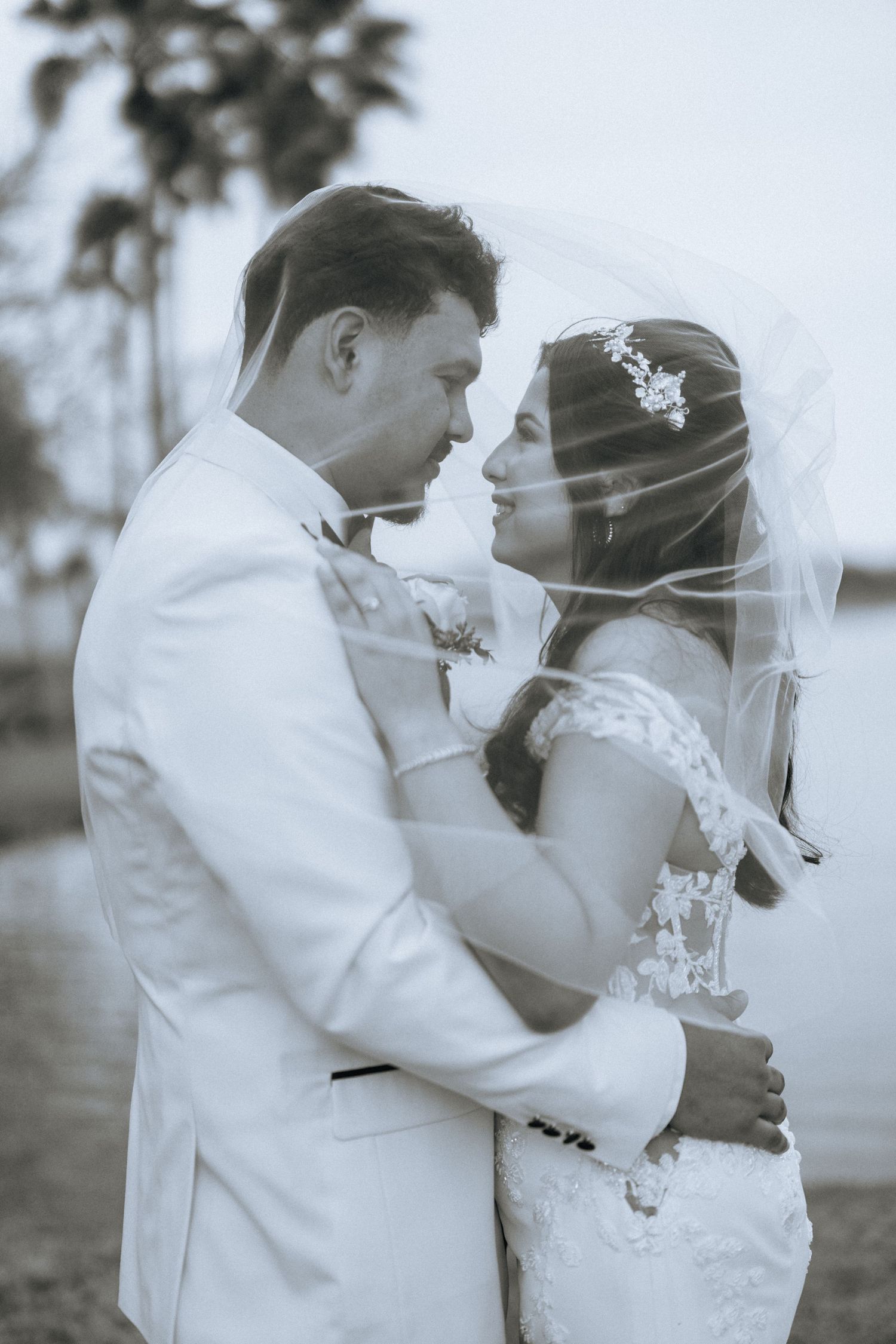 A classic black and white wedding portrait with romantic veil details.
